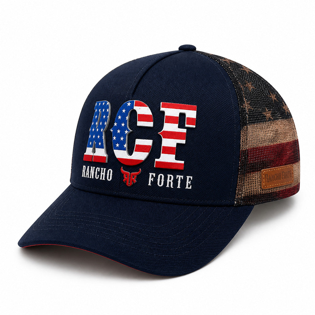 Boné Trucker EUA Americano Country Telinha Aba Curva Bandeira Estados Unidos - Rancho Forte