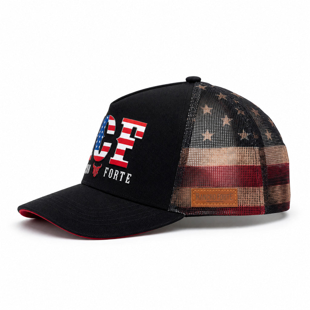 Boné Trucker EUA Americano Country Telinha Aba Curva Bandeira Estados Unidos - Rancho Forte
