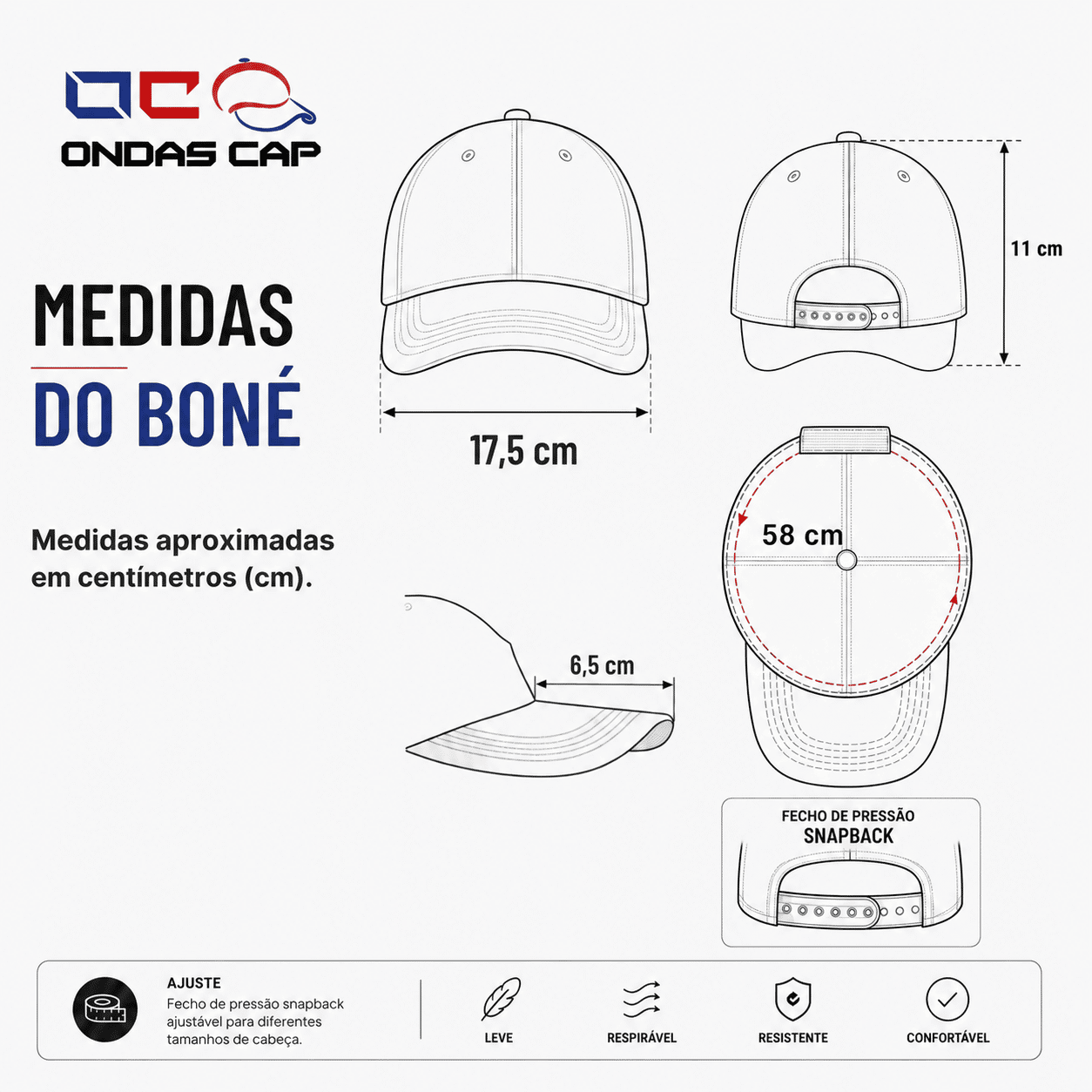 Medidas do boné com fechamento snapback